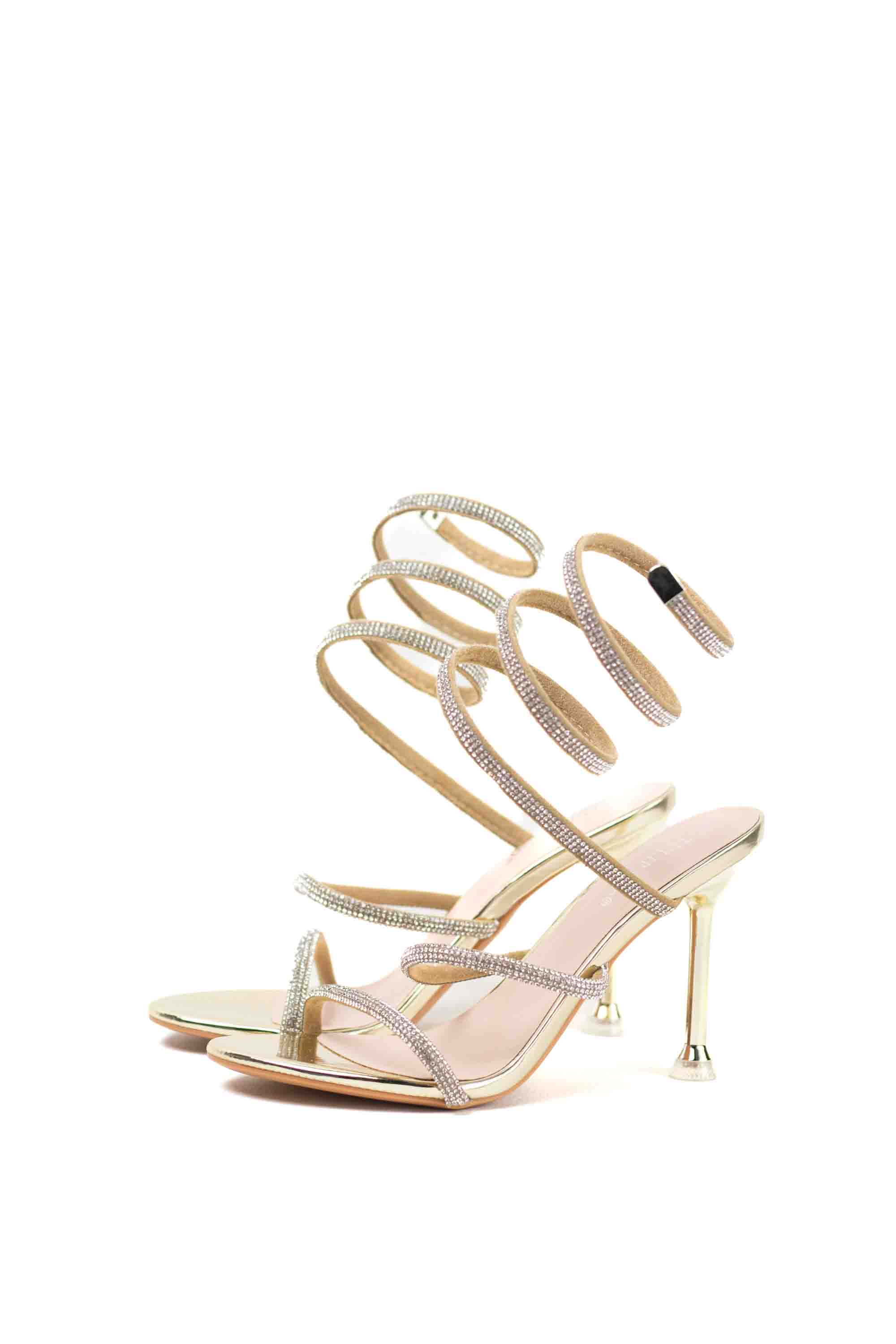 Sandalias Doradas con Tiras de Strass y Tacón Metálico Elegante